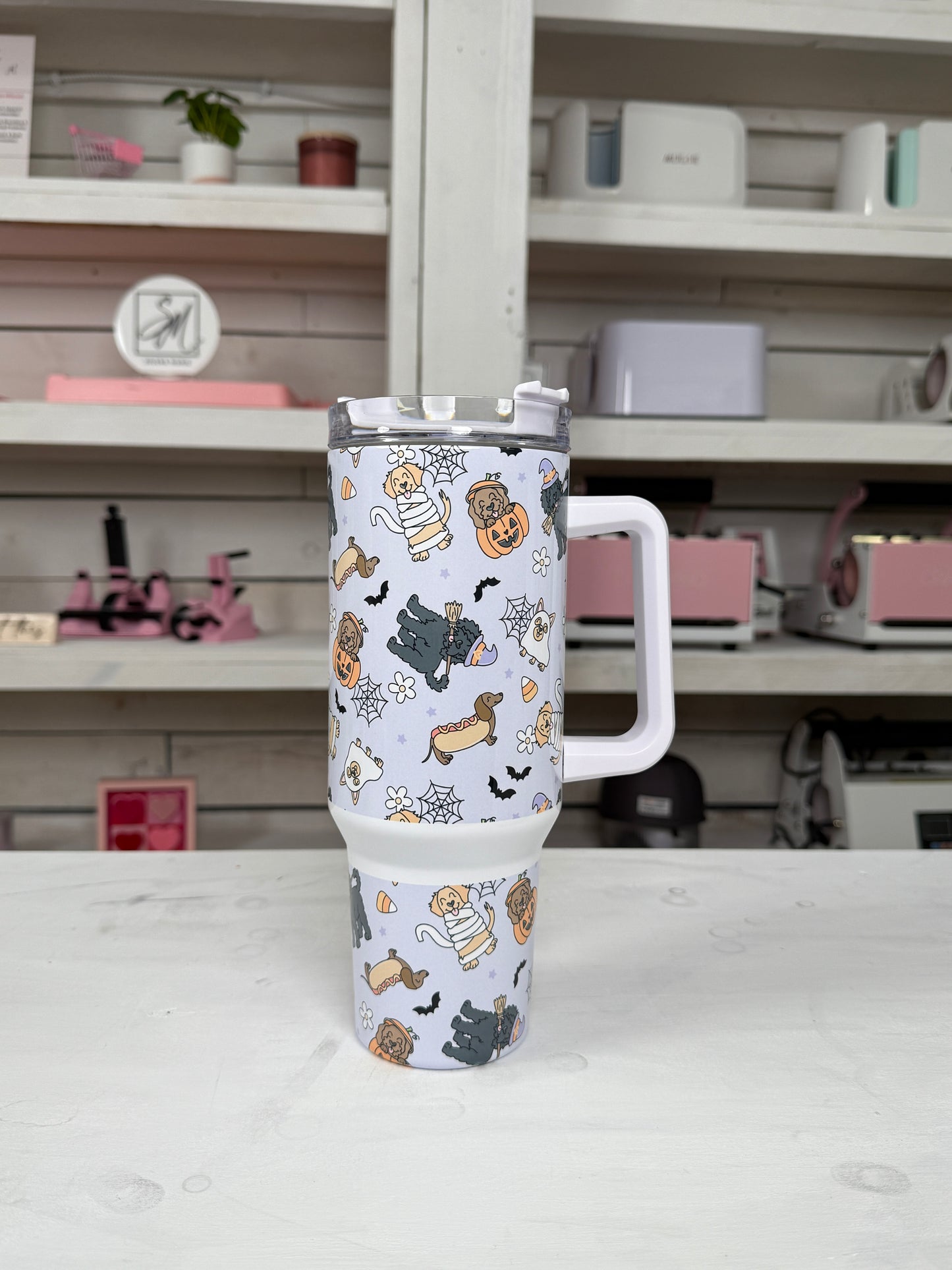 Halloween Costume Doggies 40oz tumbler, Spooky Dog Vibes quencher, Halloween Dogs custom tumbler
