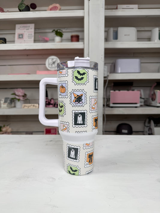 Halloween Vintage Stamps 40oz tumbler, Spooky Stamps quencher, Halloween Stamps custom tumbler