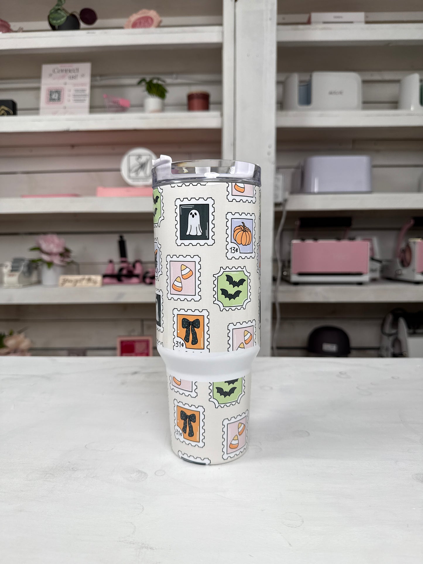 Halloween Vintage Stamps 40oz tumbler, Spooky Stamps quencher, Halloween Stamps custom tumbler