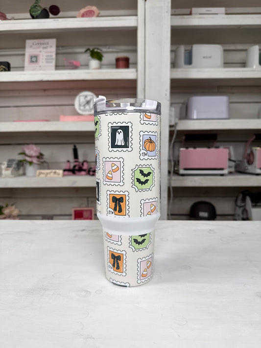 Halloween Vintage Stamps 40oz tumbler, Spooky Stamps quencher, Halloween Stamps custom tumbler