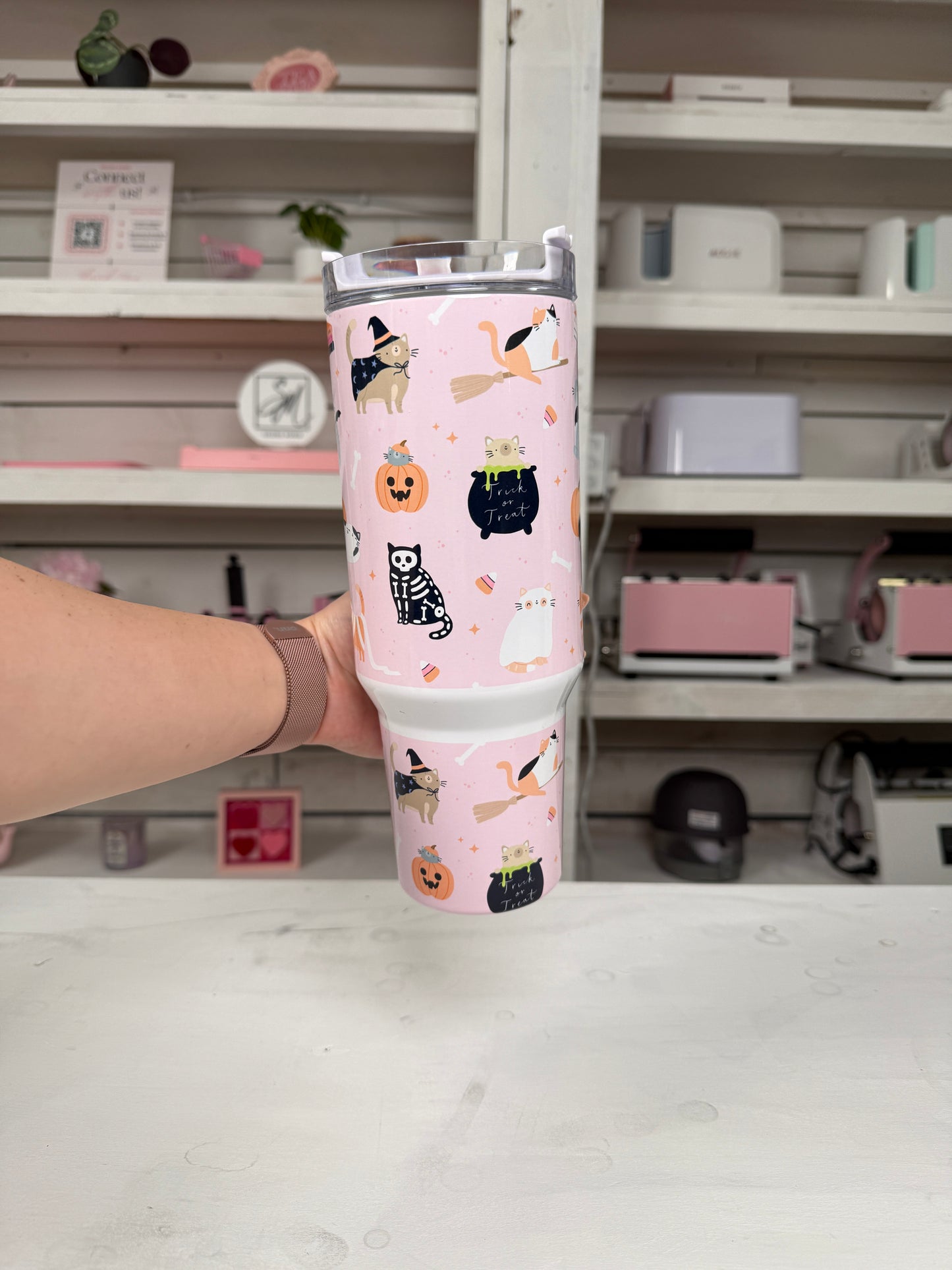 Halloween Bookish Cats 40oz tumbler, Spooky Book Vibes quencher, Halloween Books and Cats custom tumbler