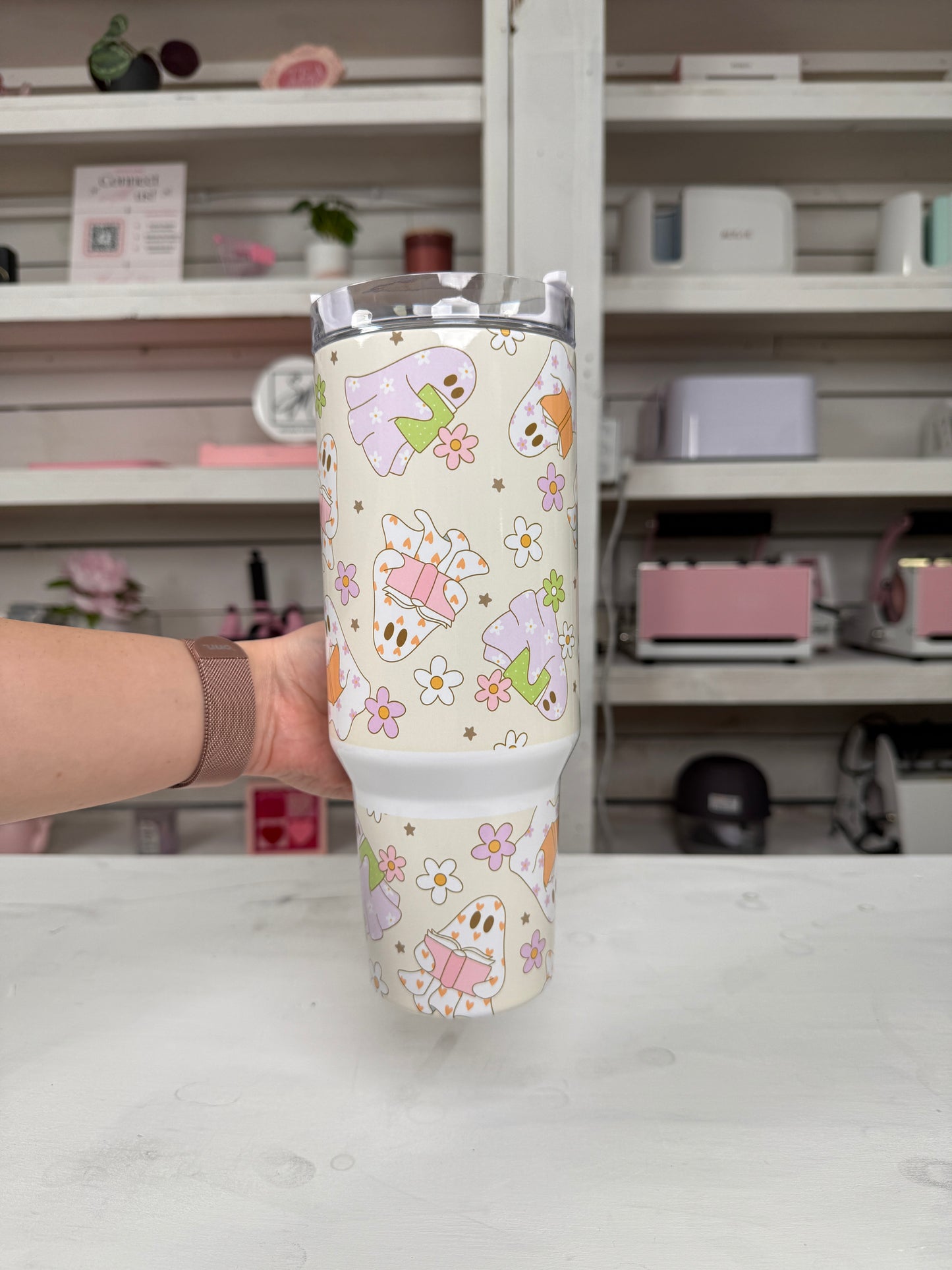 Groovy Ghosties 40oz tumbler, Retro Ghosties quencher, Floral Ghosts custom tumbler