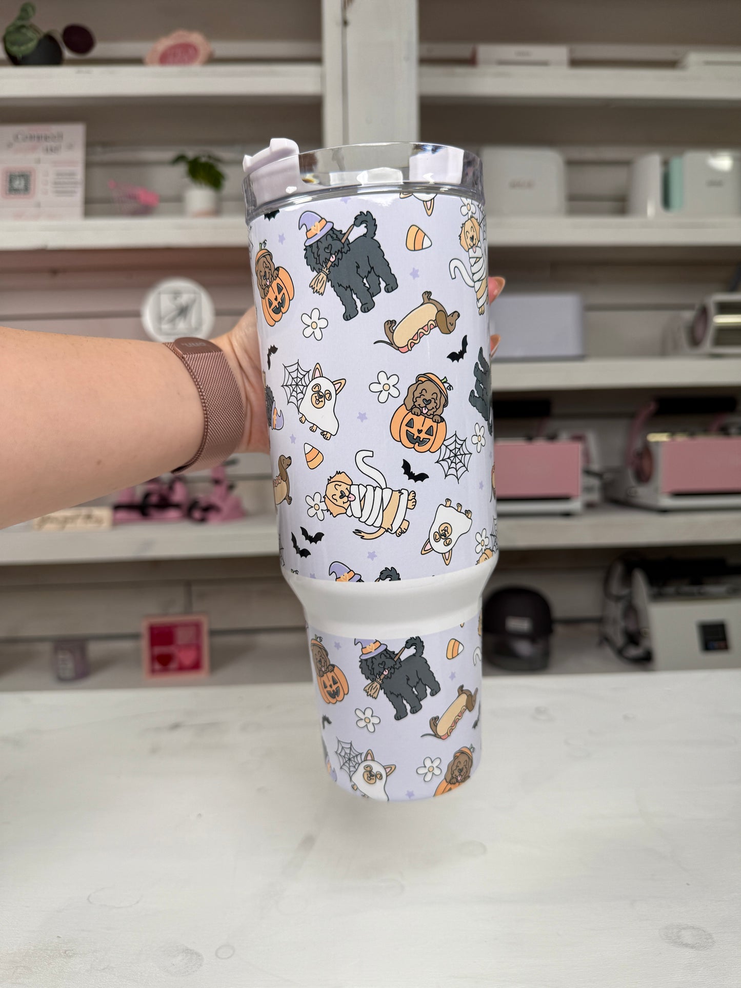 Halloween Costume Doggies 40oz tumbler, Spooky Dog Vibes quencher, Halloween Dogs custom tumbler