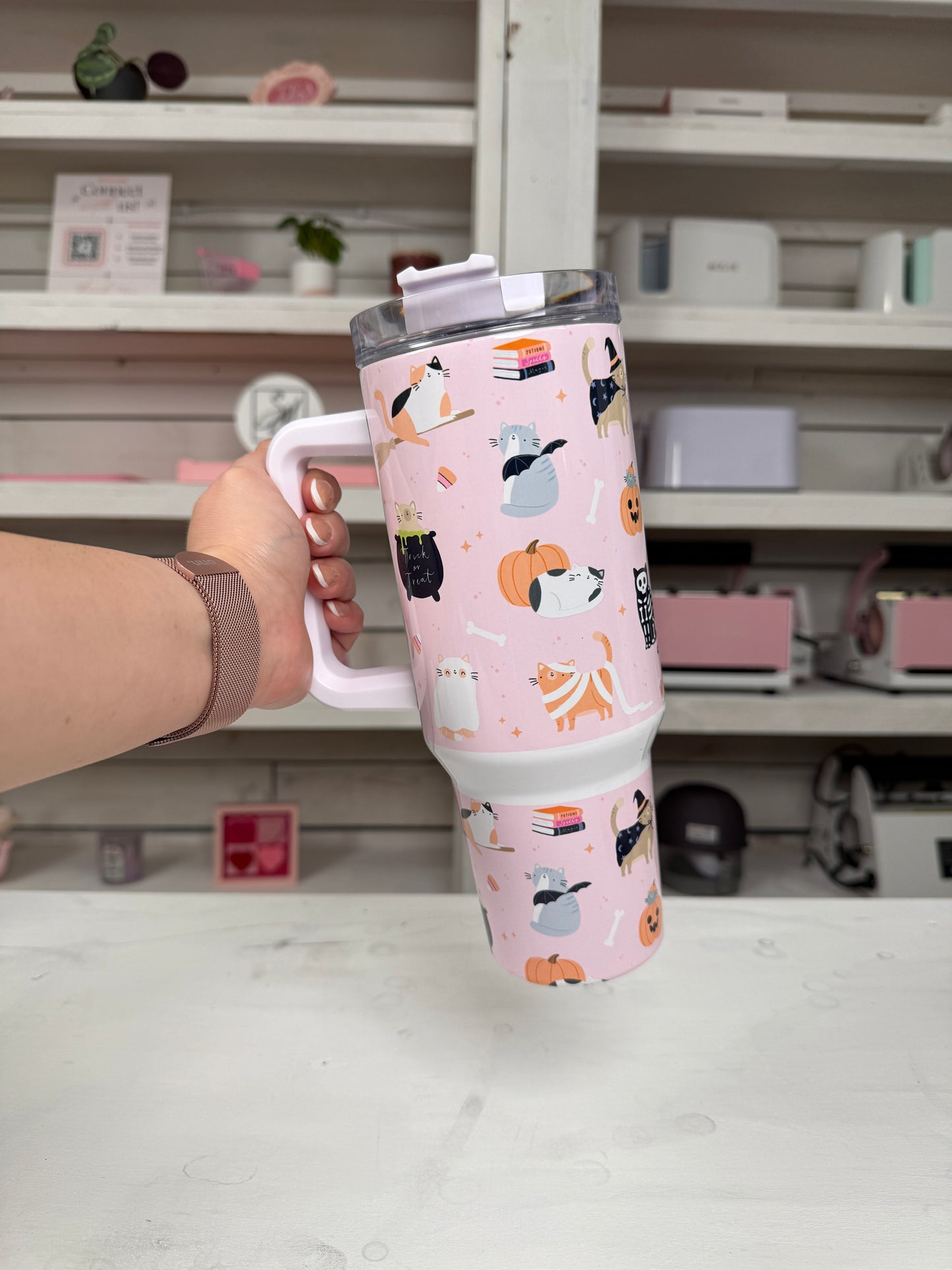 Halloween Bookish Cats 40oz tumbler, Spooky Book Vibes quencher, Halloween Books and Cats custom tumbler
