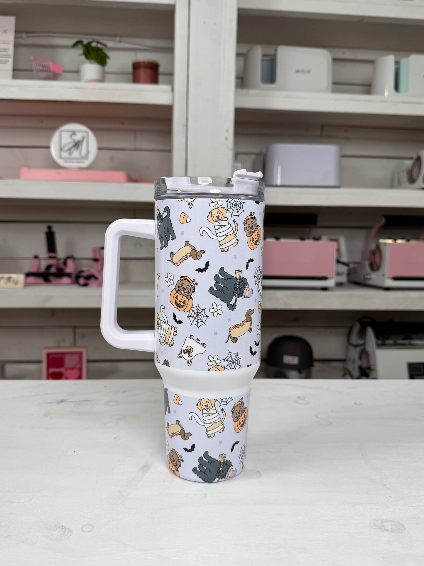 Halloween Costume Doggies 40oz tumbler, Spooky Dog Vibes quencher, Halloween Dogs custom tumbler