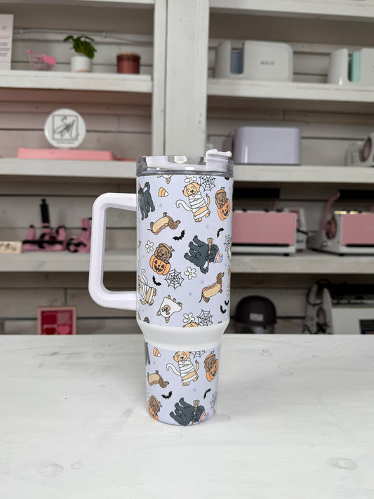 Halloween Costume Doggies 40oz tumbler, Spooky Dog Vibes quencher, Halloween Dogs custom tumbler