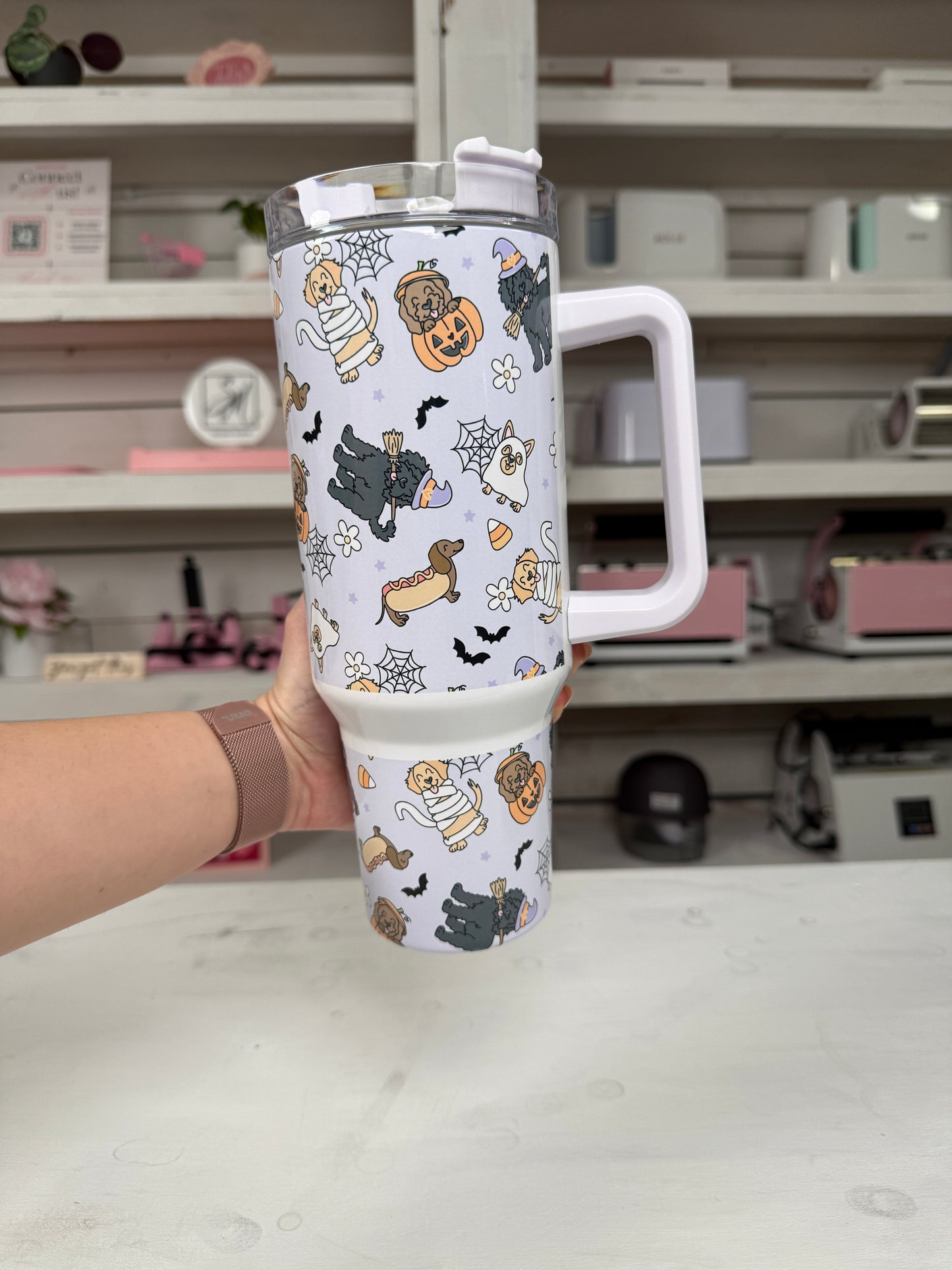 Halloween Costume Doggies 40oz tumbler, Spooky Dog Vibes quencher, Halloween Dogs custom tumbler