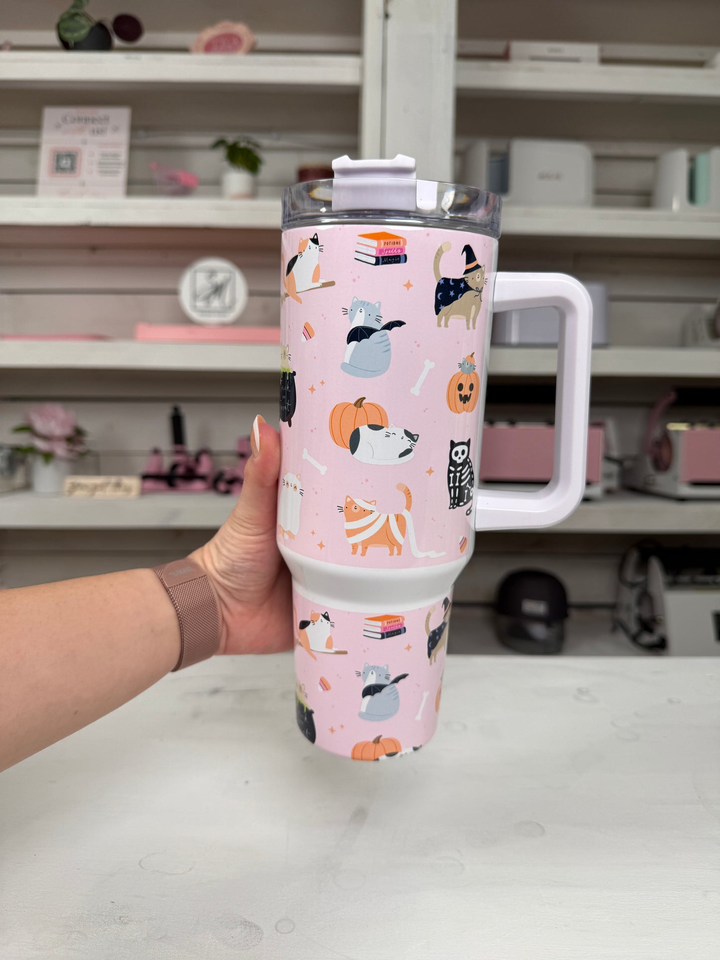 Halloween Bookish Cats 40oz tumbler, Spooky Book Vibes quencher, Halloween Books and Cats custom tumbler