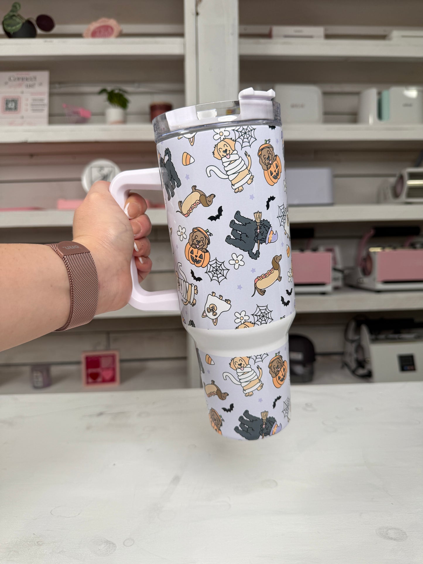 Halloween Costume Doggies 40oz tumbler, Spooky Dog Vibes quencher, Halloween Dogs custom tumbler