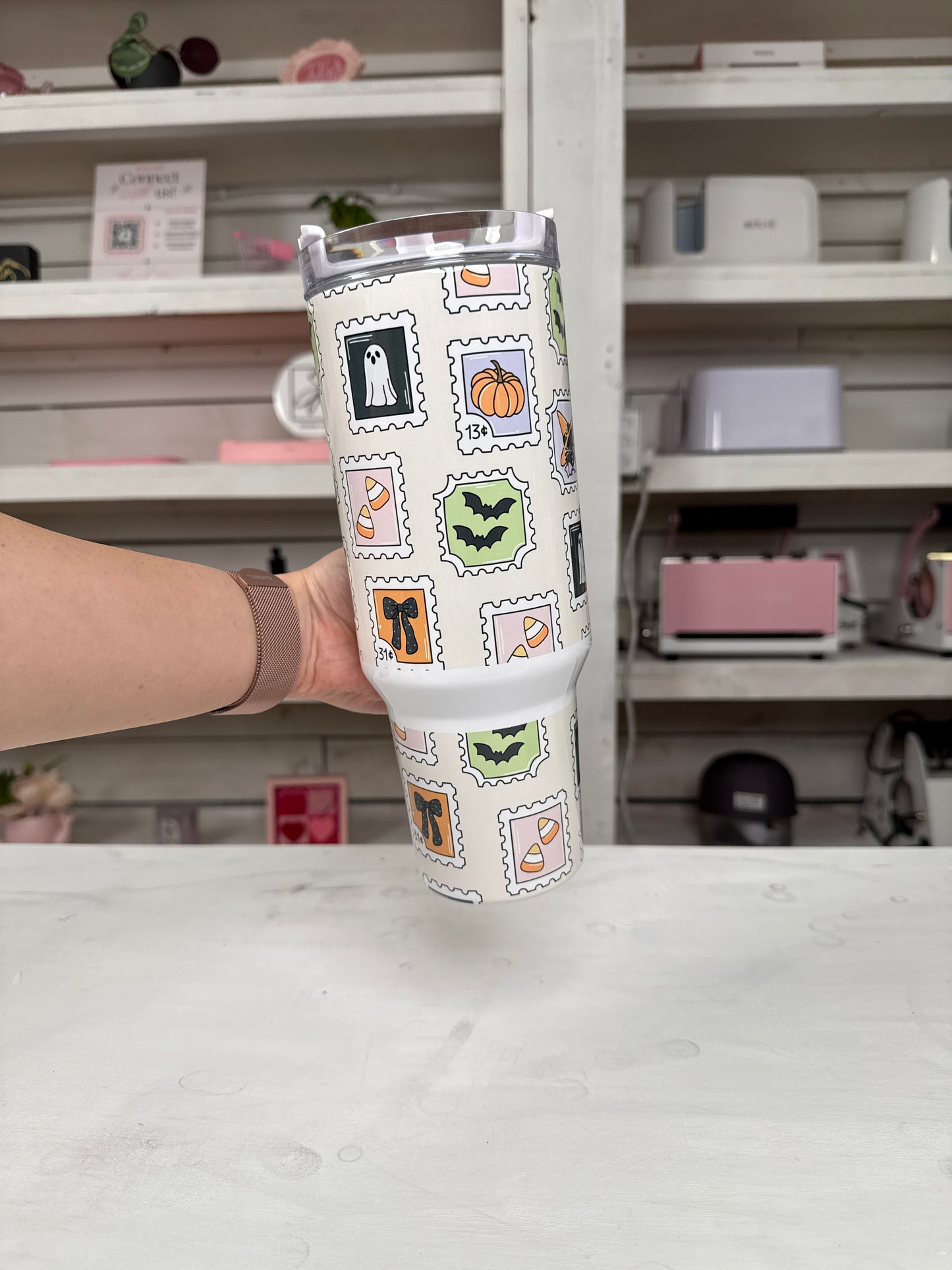 Halloween Vintage Stamps 40oz tumbler, Spooky Stamps quencher, Halloween Stamps custom tumbler