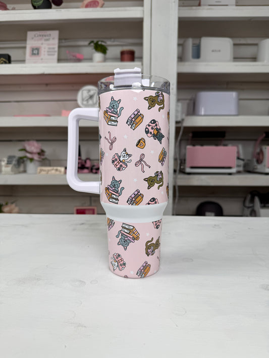 Cozy Bookish Cats 40oz tumbler, Cozy Book Vibes quencher, Books and Cats custom tumbler