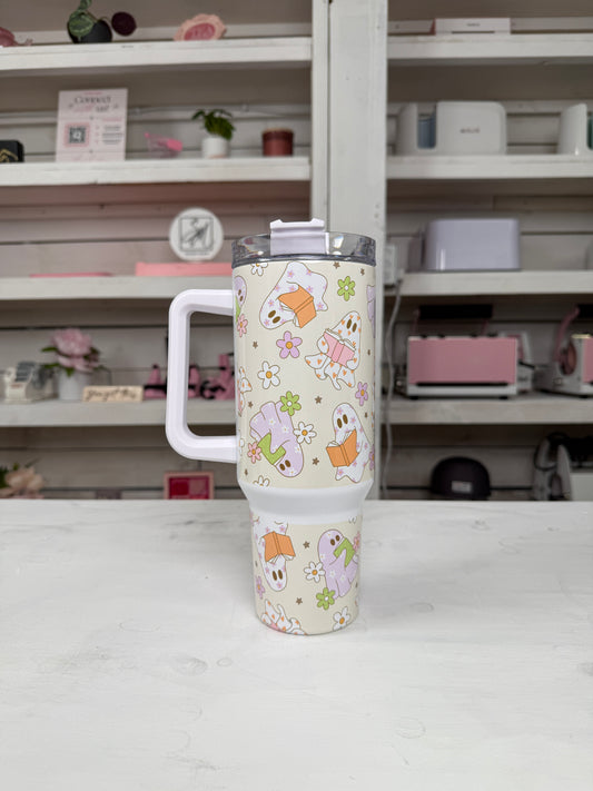 Groovy Ghosties 40oz tumbler, Retro Ghosties quencher, Floral Ghosts custom tumbler