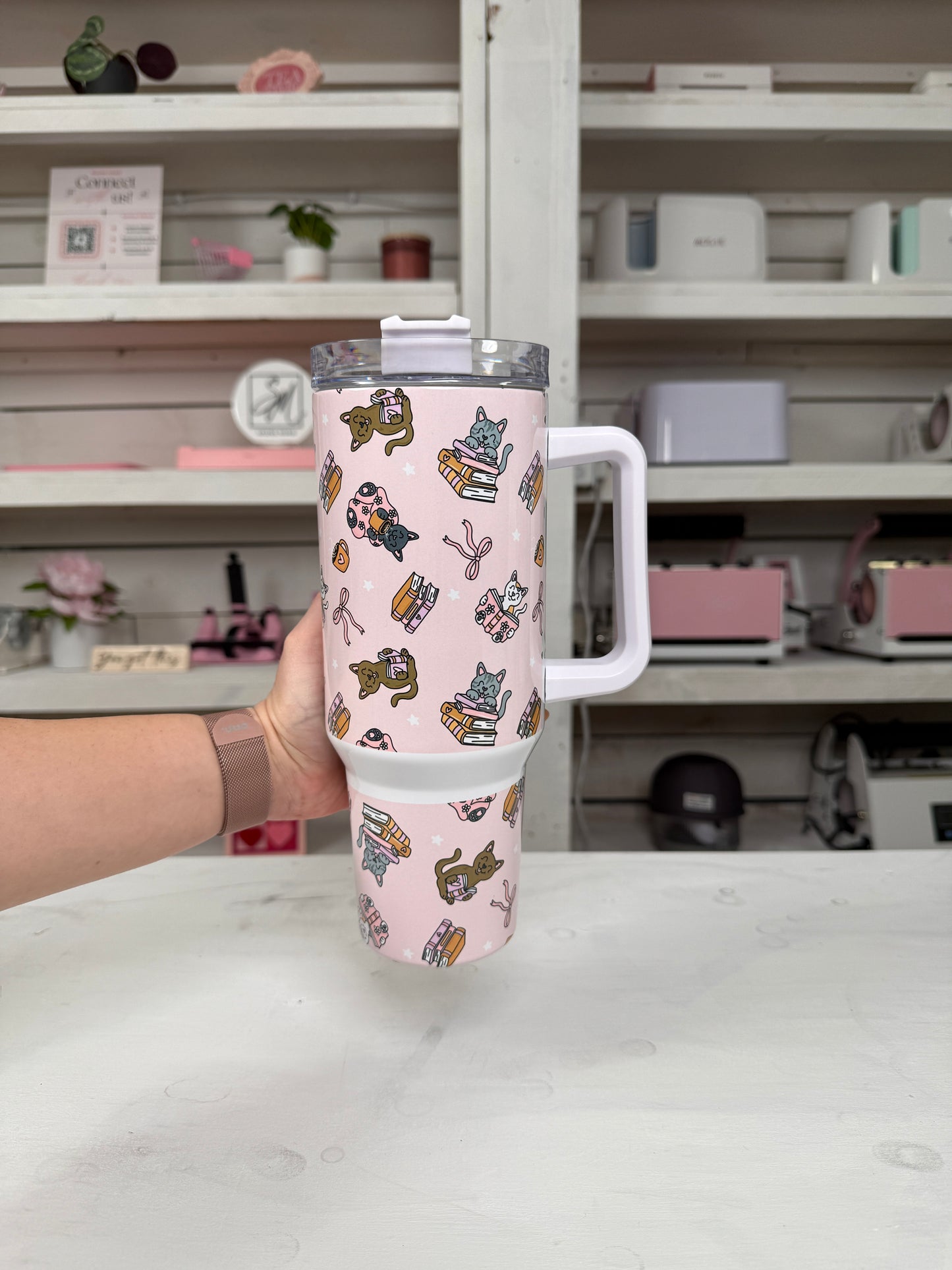 Cozy Bookish Cats 40oz tumbler, Cozy Book Vibes quencher, Books and Cats custom tumbler