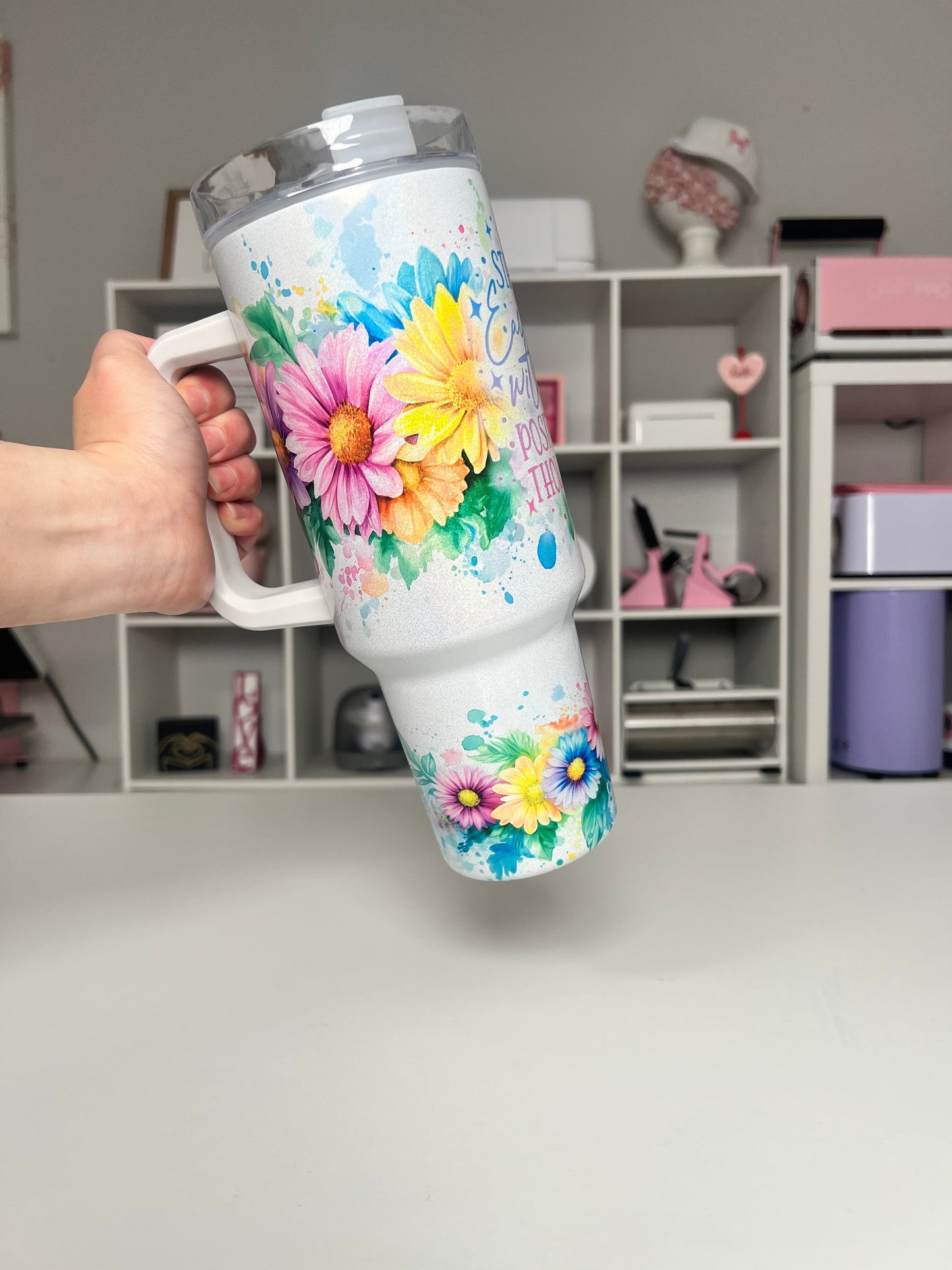 Start Each Day 40oz tumbler, Positive Thoughts quencher, Floral 40oz custom tumbler