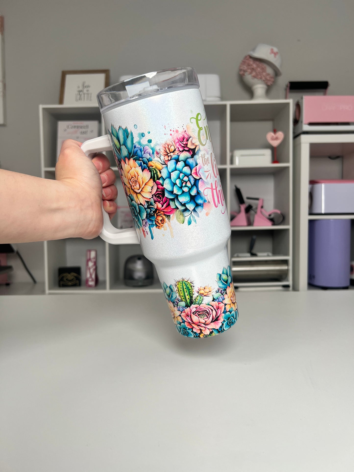 Enjoy the Little Things 40oz tumbler, Little Things quencher, Succulent 40oz custom tumbler