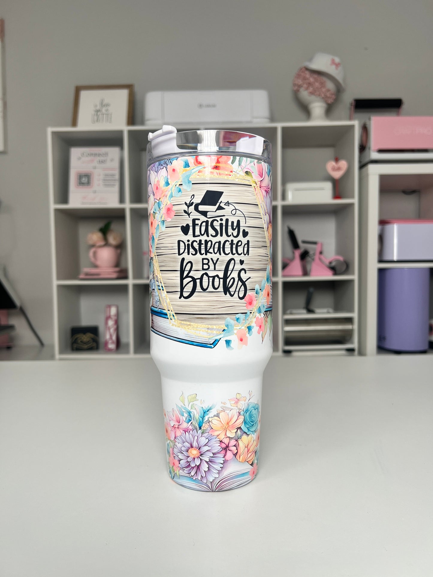 Easily Distracted By Books 40oz tumbler, Books quencher, Bookish 40oz custom tumbler