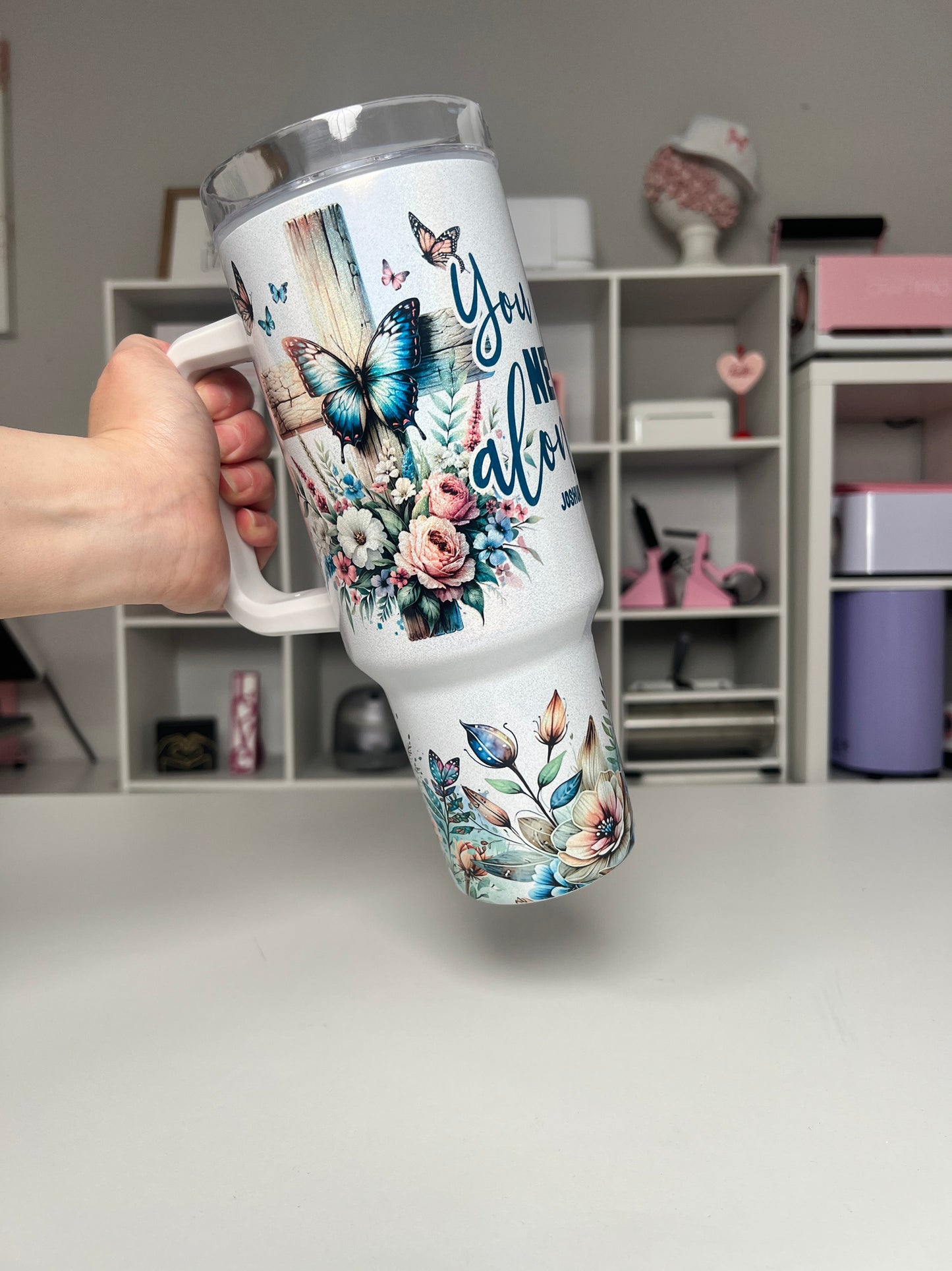 You Are Never Alone 40oz tumbler, Christian quencher, Faith Affirmations 40oz custom tumbler