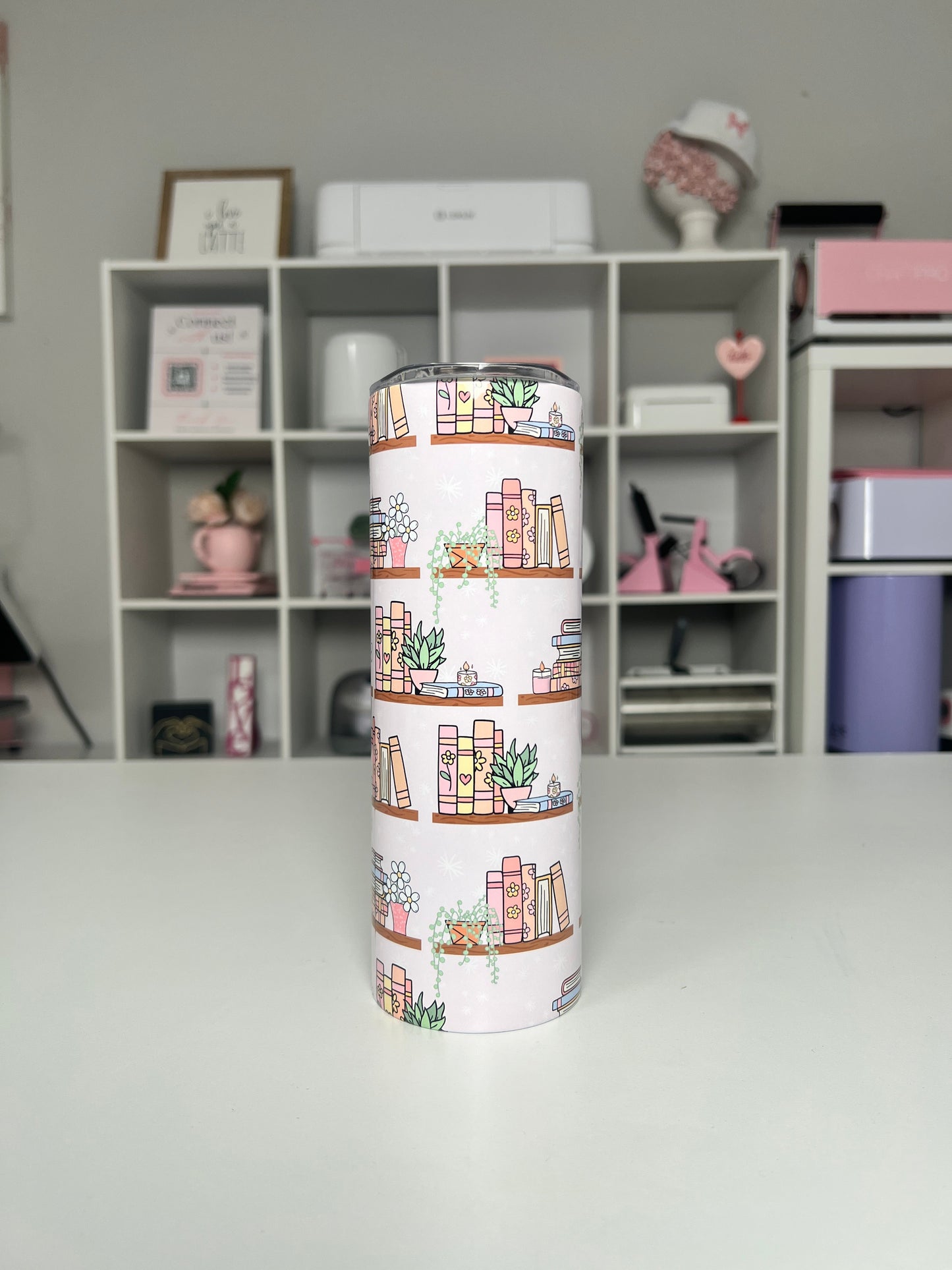 Bookshelf 20oz tumbler, Book Vibes quencher, Books and Plants 20oz custom tumbler