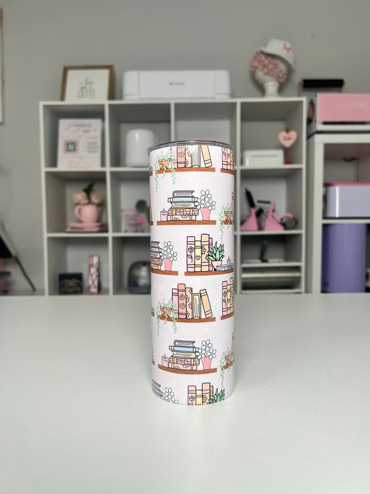 Bookshelf 20oz tumbler, Book Vibes quencher, Books and Plants 20oz custom tumbler