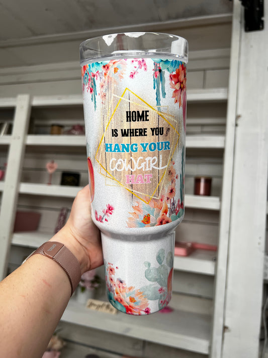 Cowgirl Shimmer Hat 40oz tumbler, Girly Cowgirl quencher, Western Tumbler