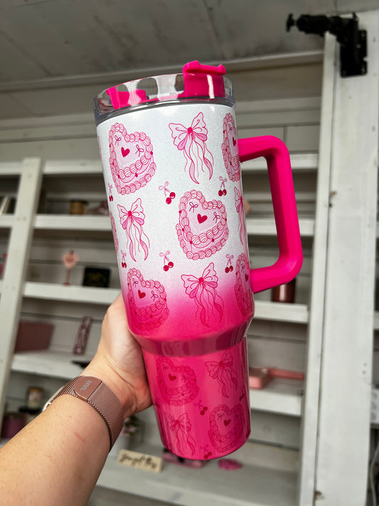 Coquette Cake Pink 40oz tumbler, Girly Pink Cake quencher, Hot Pink Cake tumbler
