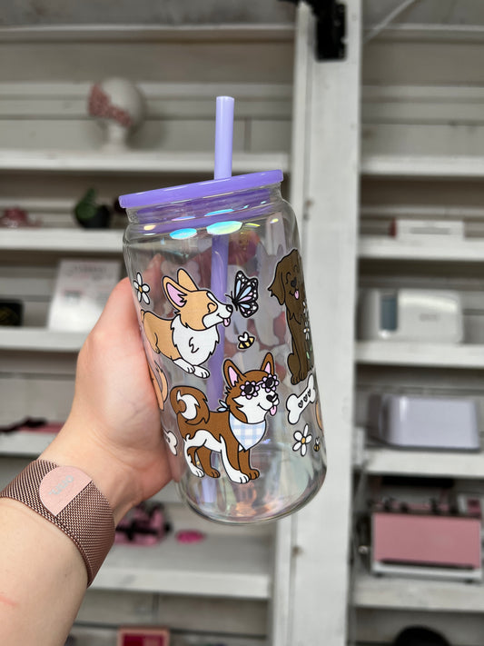 Pups and Spring 16oz Glass Can, Spring Vibes custom glass, Dog Lover Vibes custom glass