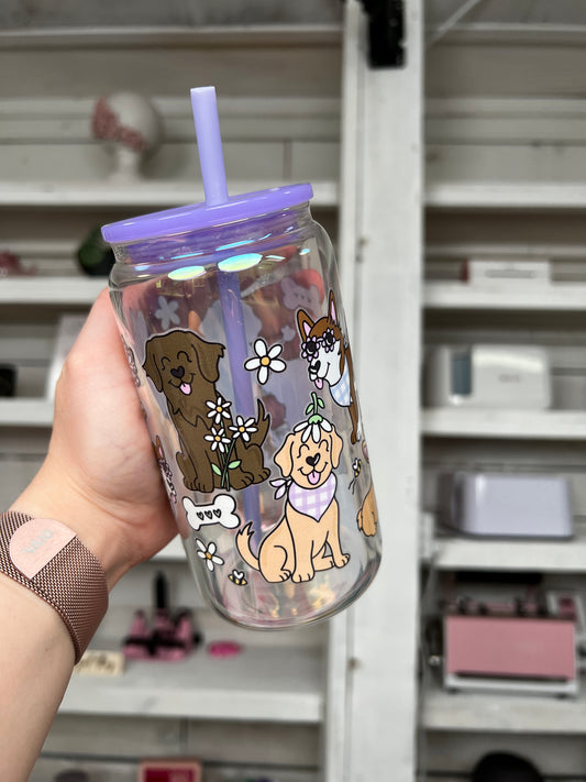 Pups and Spring 16oz Glass Can, Spring Vibes custom glass, Dog Lover Vibes custom glass