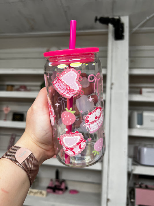 Coquette Cake 16oz Glass Can, Cake Vibes custom glass, Coquette Vibes custom glass