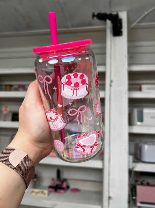 Coquette Cake 16oz Glass Can, Cake Vibes custom glass, Coquette Vibes custom glass