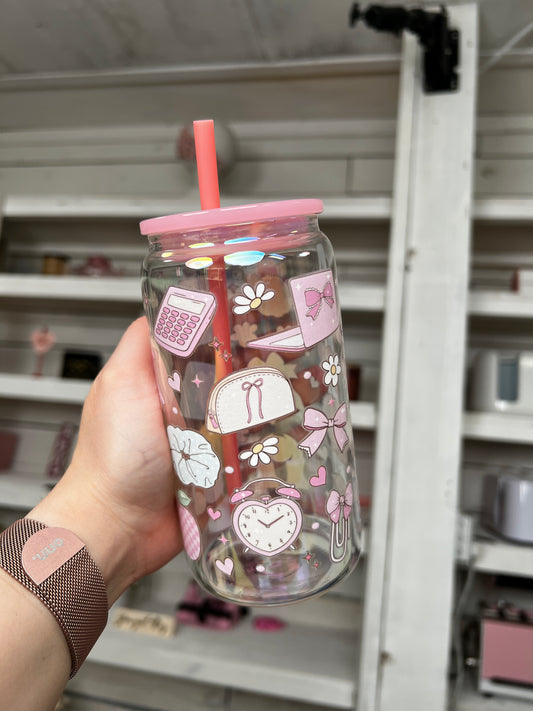 Office Girly 16oz Glass Can, Girly Vibes custom glass, Working Girlie custom glass