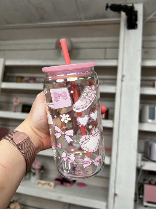 Office Girly 16oz Glass Can, Girly Vibes custom glass, Working Girlie custom glass
