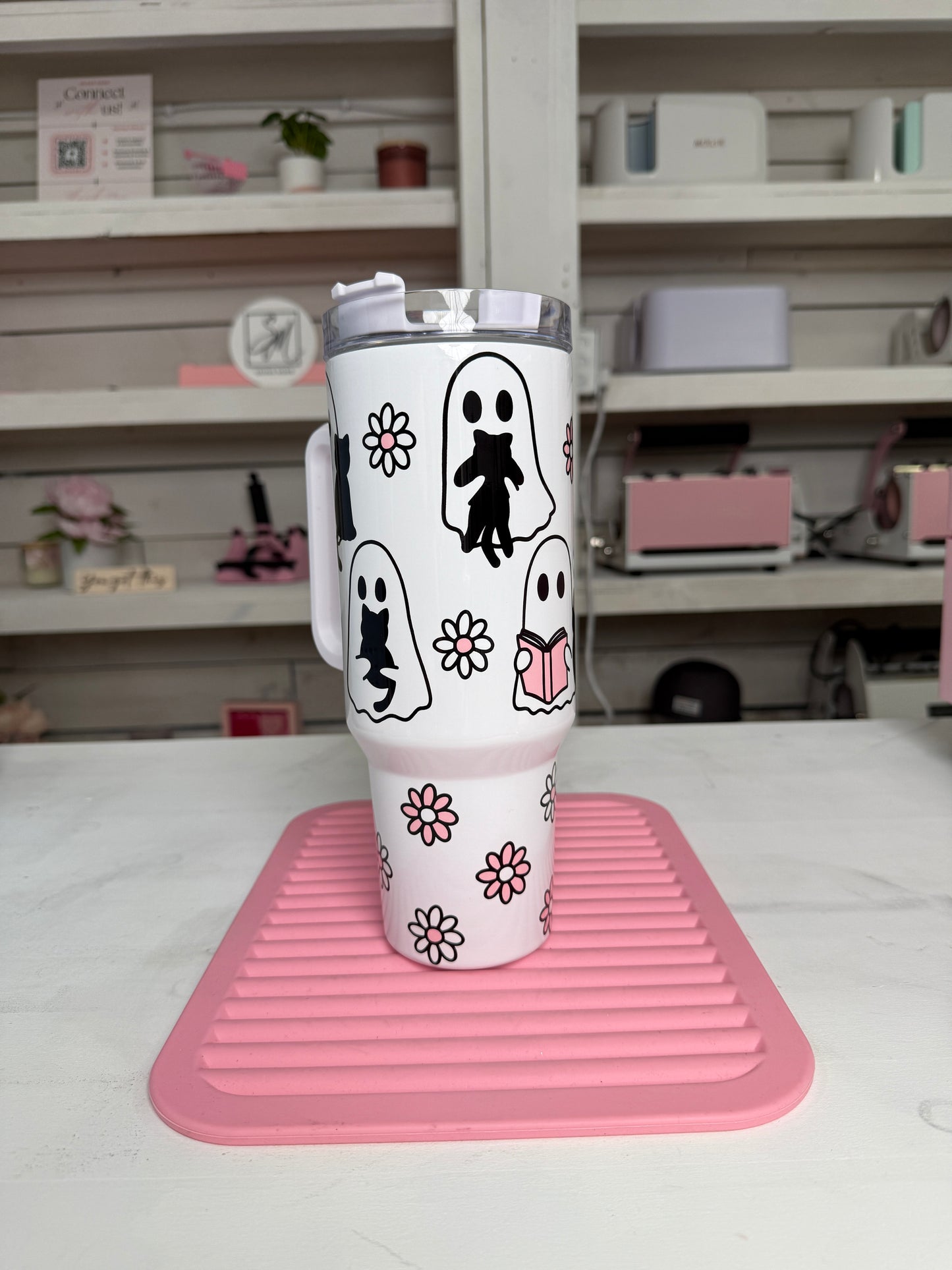 Cute Ghosties 40oz tumbler, Book Ghosts quencher, Ghost Cat Coffee custom tumbler