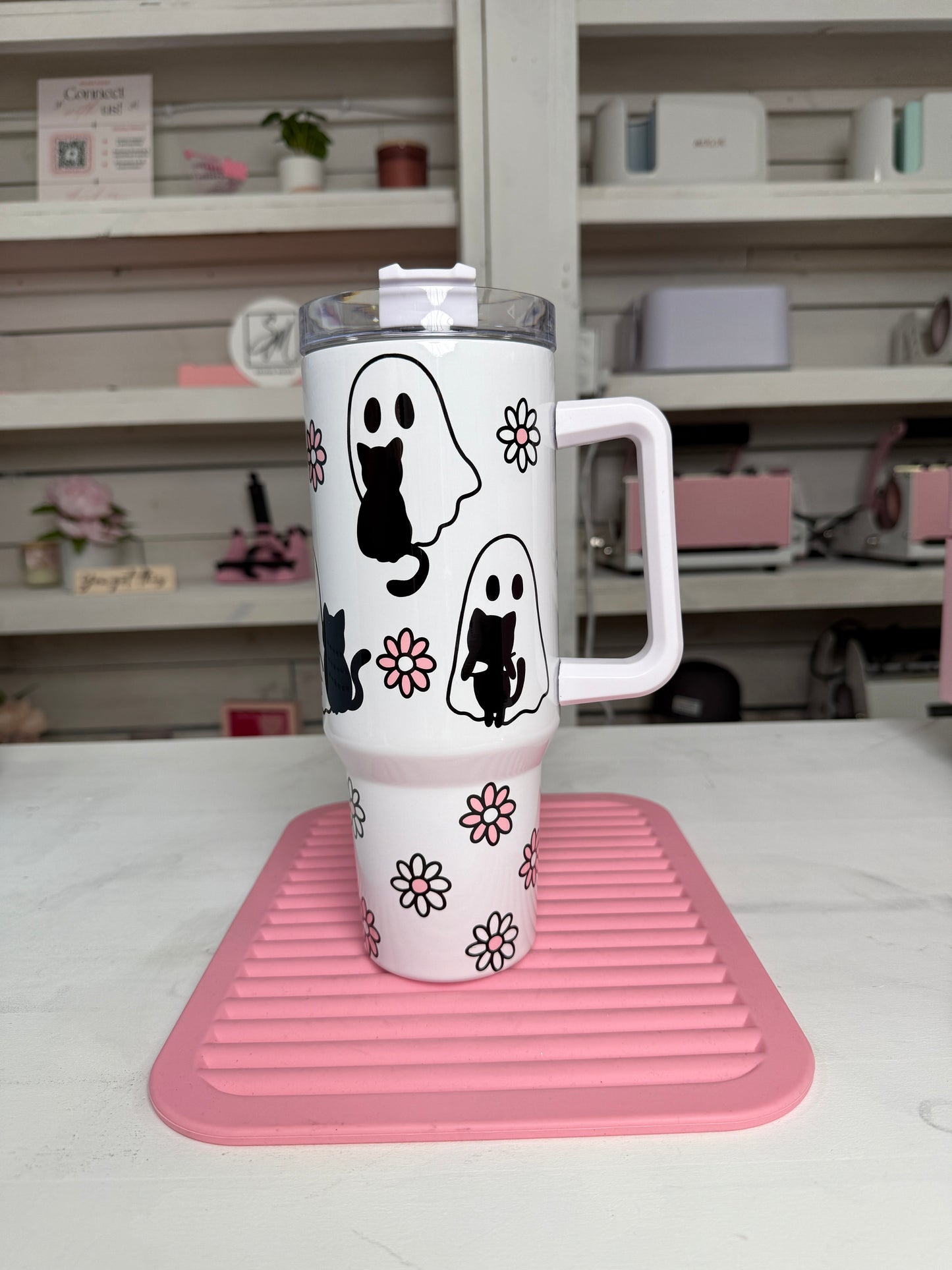 Cute Ghosties 40oz tumbler, Book Ghosts quencher, Ghost Cat Coffee custom tumbler