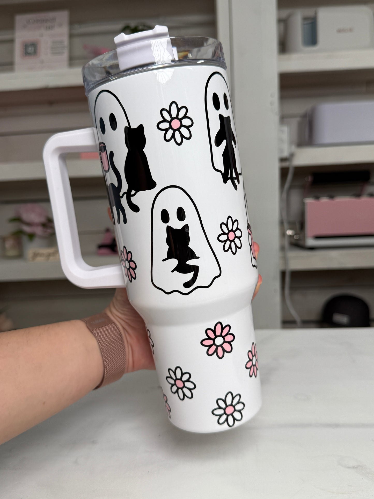 Cute Ghosties 40oz tumbler, Book Ghosts quencher, Ghost Cat Coffee custom tumbler