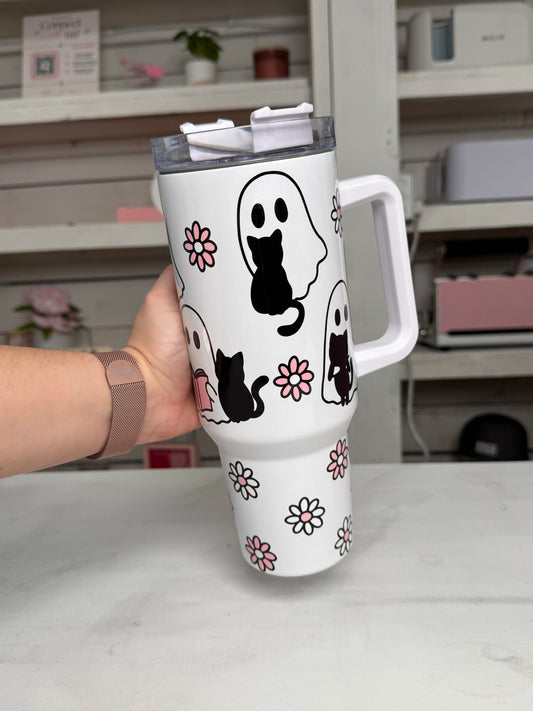 Cute Ghosties 40oz tumbler, Book Ghosts quencher, Ghost Cat Coffee custom tumbler