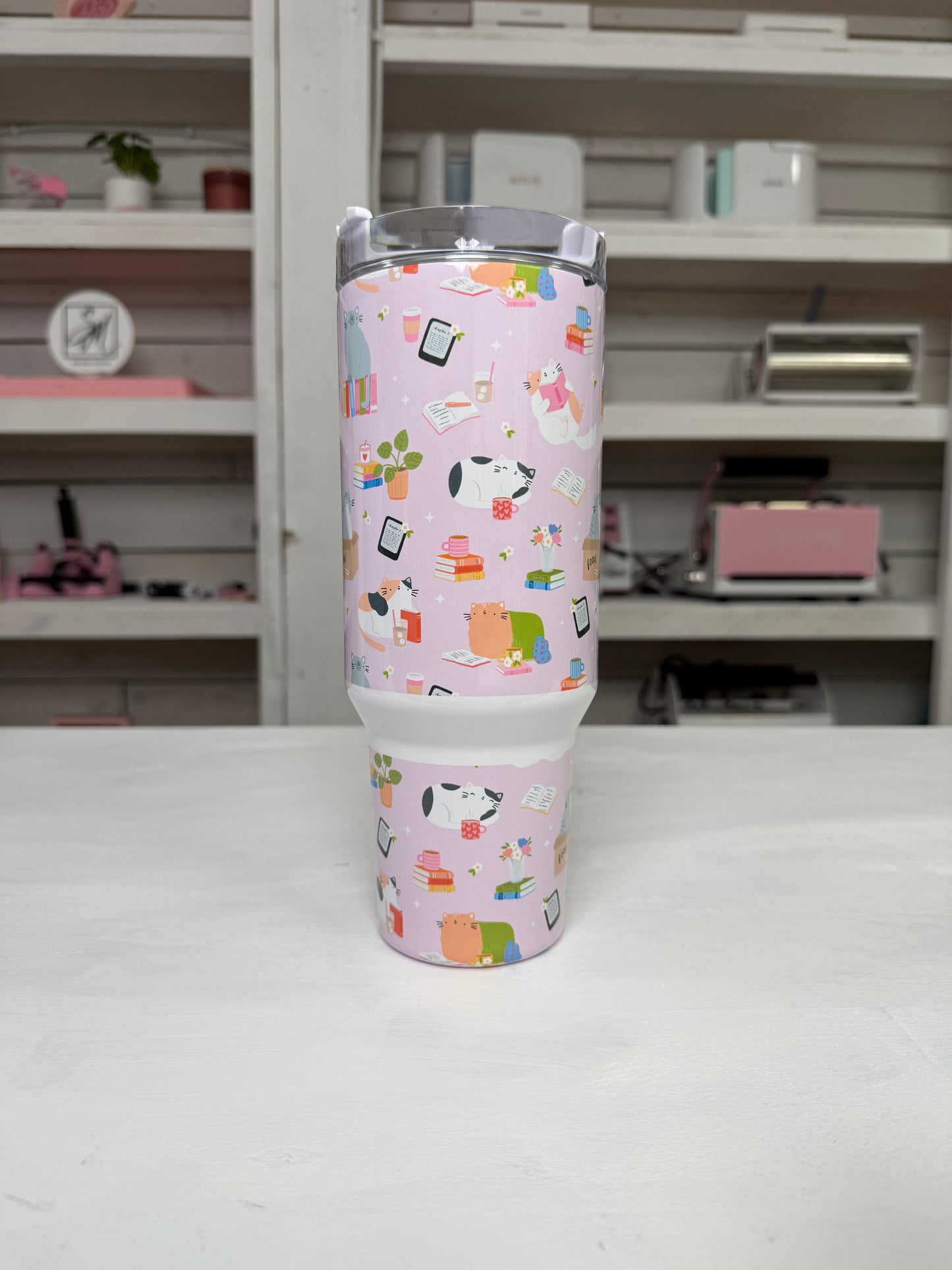 Bookish Cats 40oz tumbler, Book Vibes quencher, Books and Cats custom tumbler