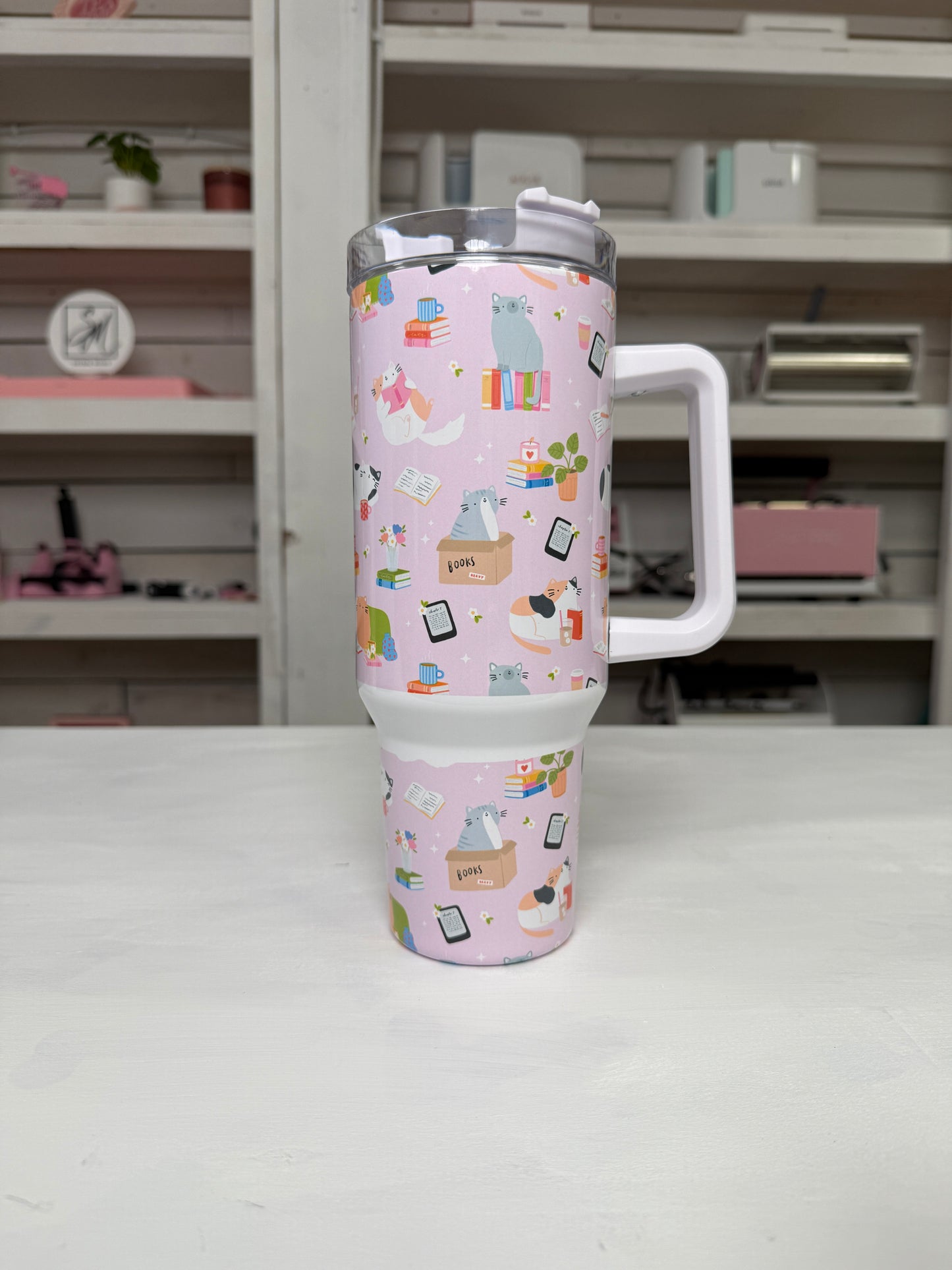 Bookish Cats 40oz tumbler, Book Vibes quencher, Books and Cats custom tumbler