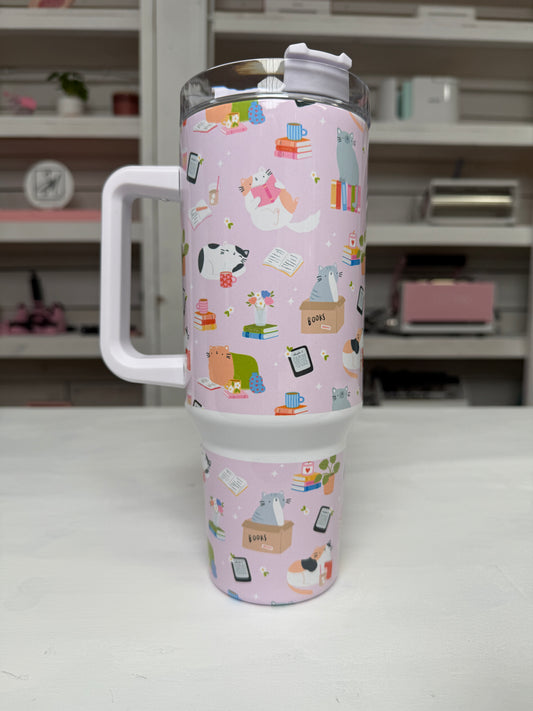 Bookish Cats 40oz tumbler, Book Vibes quencher, Books and Cats custom tumbler