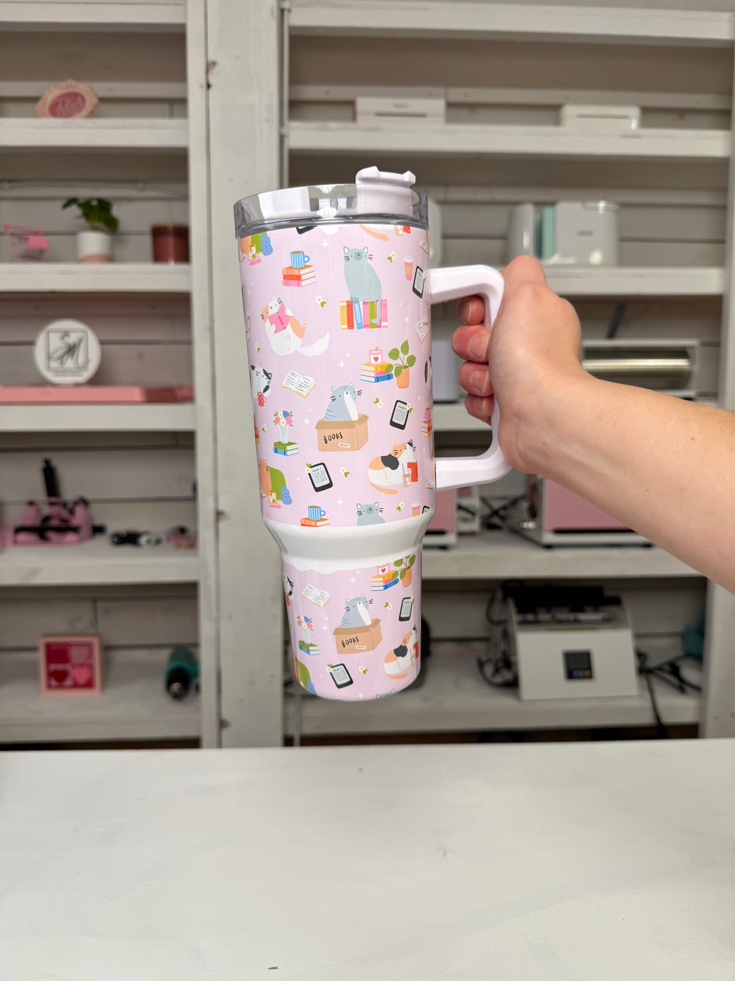 Bookish Cats 40oz tumbler, Book Vibes quencher, Books and Cats custom tumbler