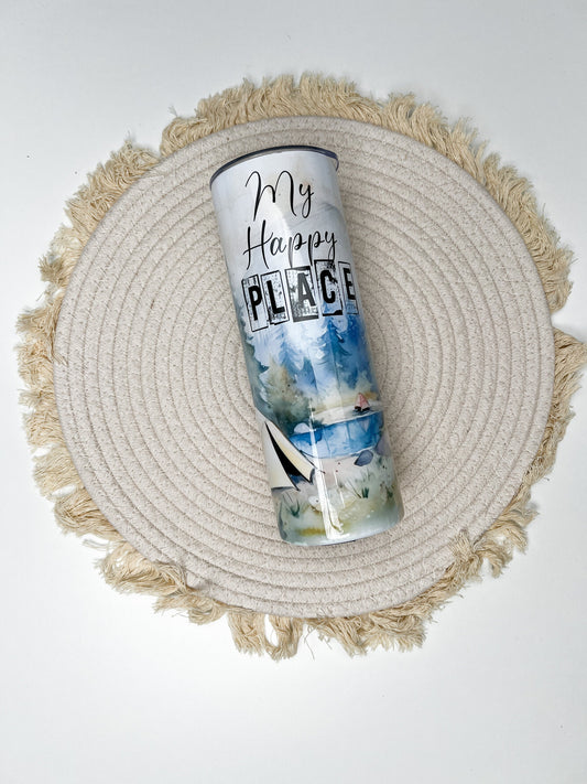 Camping 20oz tumbler, My Happy Place custom tumbler, Outdoors custom stainless tumbler