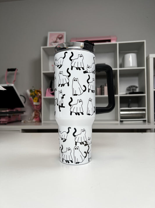Ghostie Cats 40oz tumbler, Cat Ghosts quencher, Ghost Cats custom tumbler