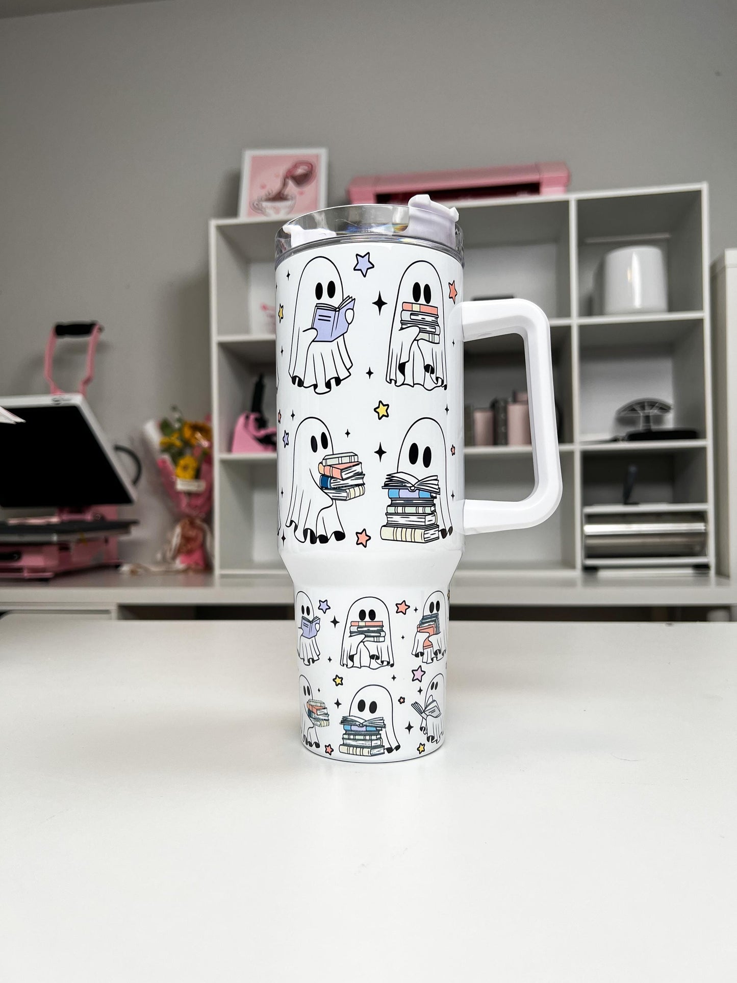 Book Ghosties 40oz tumbler, Book Ghosts quencher, Ghost Books custom tumbler