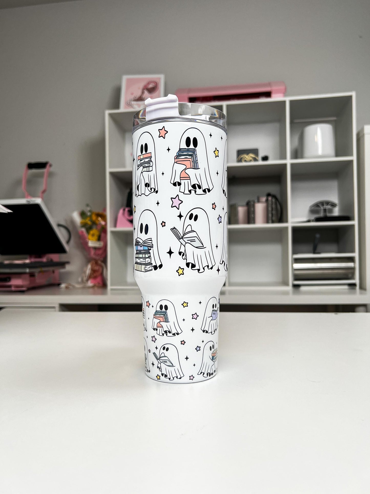 Book Ghosties 40oz tumbler, Book Ghosts quencher, Ghost Books custom tumbler