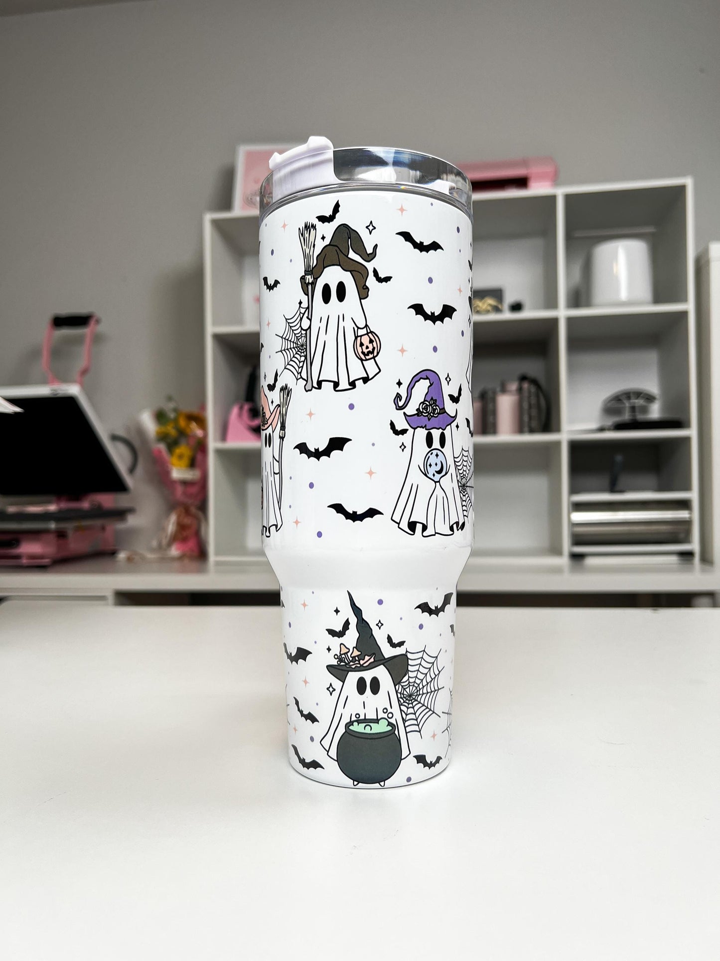 Spooky Ghosties 40oz tumbler, Halloween Ghosts quencher, Ghost custom tumbler