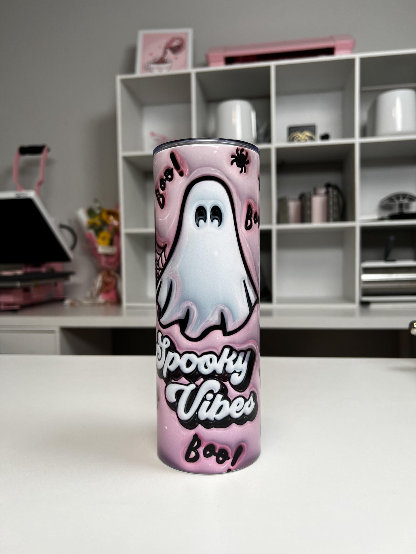 3D Spooky Vibes 20oz tumbler, Pink Spooky custom tumbler, Spooky custom stainless tumbler