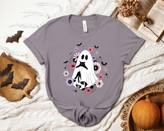 Floral Ghostie T-shirt, Ghost and Cat Shirt, Cat Lover Shirt, Spooky Shirt