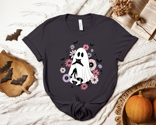 Floral Ghostie T-shirt, Ghost and Cat Shirt, Cat Lover Shirt, Spooky Shirt