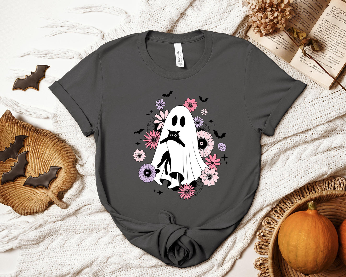Floral Ghostie T-shirt, Ghost and Cat Shirt, Cat Lover Shirt, Spooky Shirt