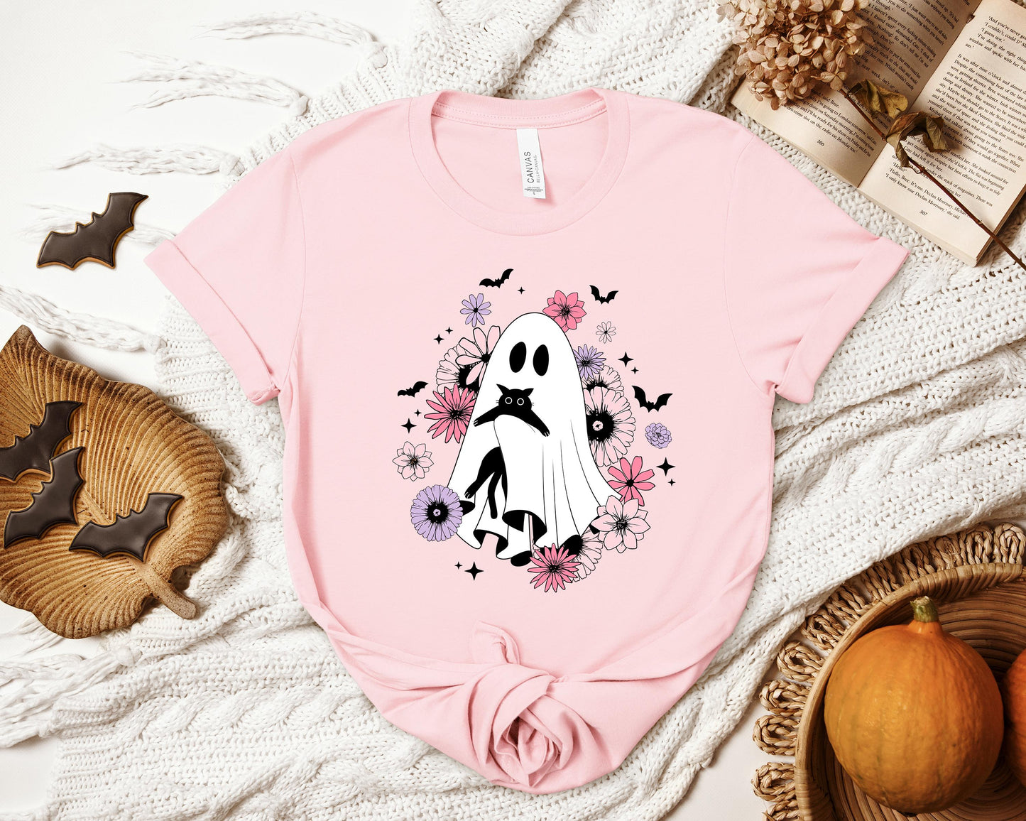 Floral Ghostie T-shirt, Ghost and Cat Shirt, Cat Lover Shirt, Spooky Shirt
