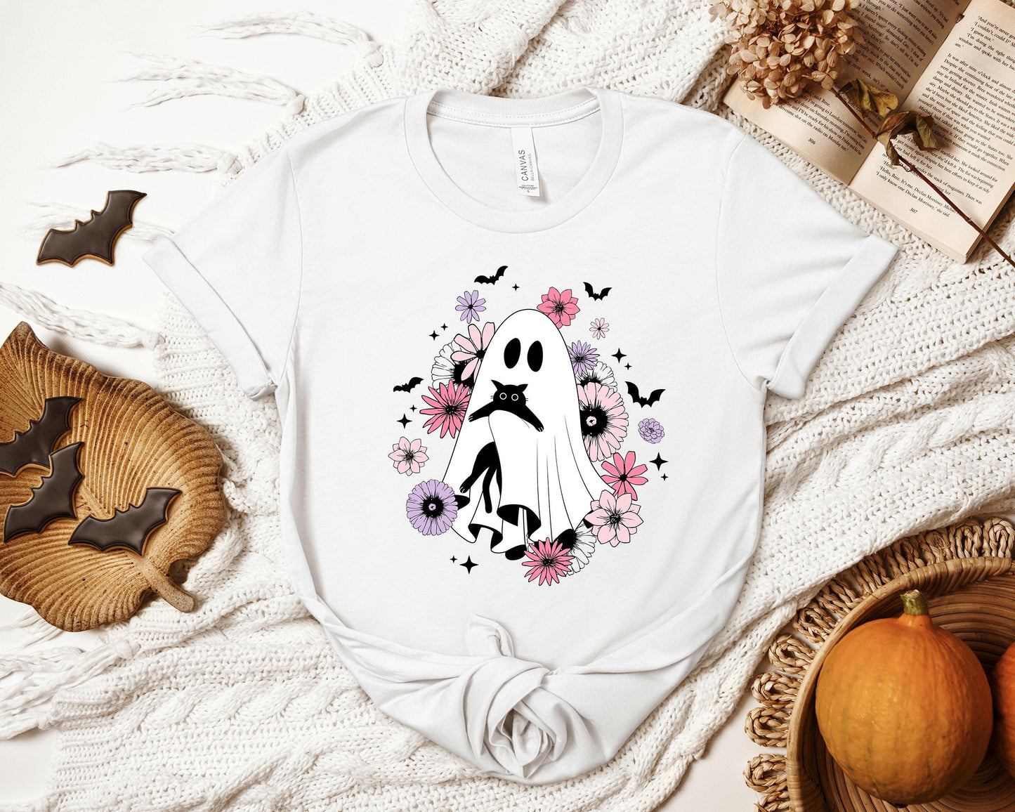 Floral Ghostie T-shirt, Ghost and Cat Shirt, Cat Lover Shirt, Spooky Shirt